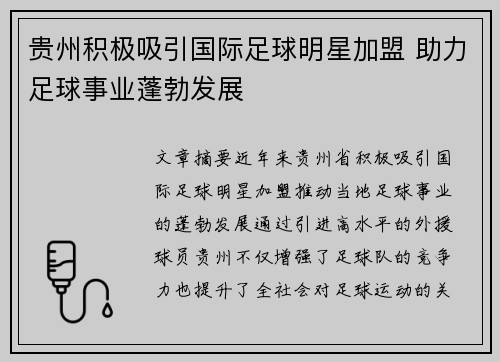 贵州积极吸引国际足球明星加盟 助力足球事业蓬勃发展