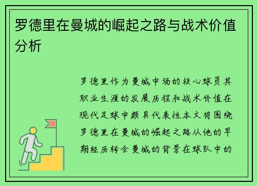 罗德里在曼城的崛起之路与战术价值分析